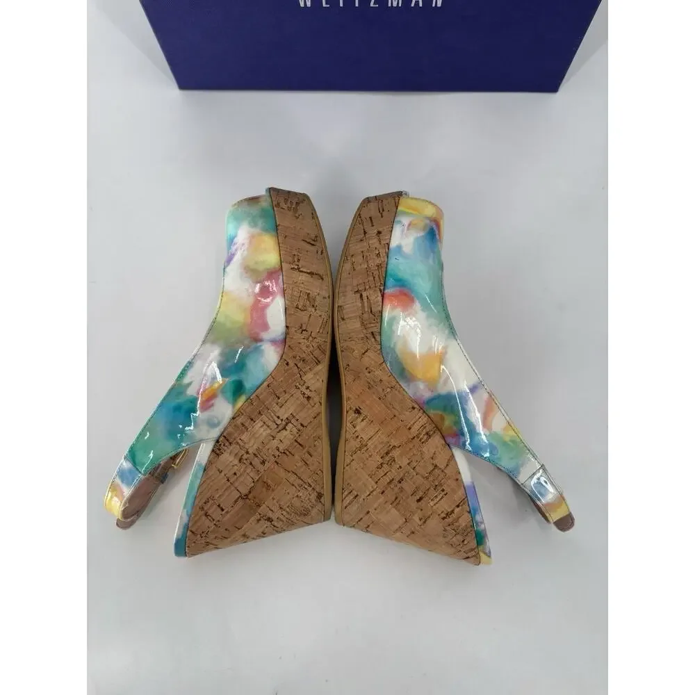 Stuart Weitzman Jean Slingback Wedges Sandals 5.5 Multicolor Patent Leather Peep